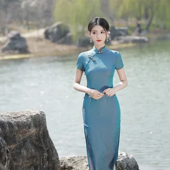 2023 קיץ כחול מקסי חרך סקסי Cheongsam אקארד אירועים בסגנון סיני שמלת ערב סלים מזג צ ' יפאו לנשים