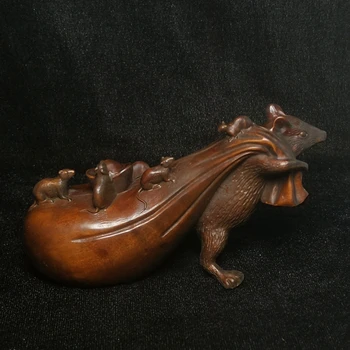 זקן סיני עץ תאשור יד מגולף עושר תיק העכבר חיה דמות פסל השולחן קישוט מתנה אוסף L 12.3 ס 