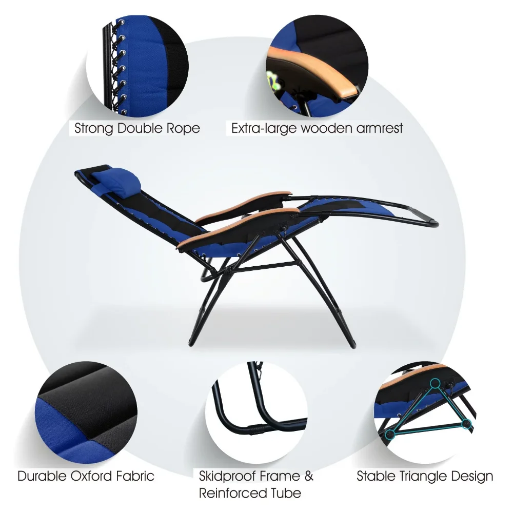 MF סטודיו XL גדול מרופד אפס כבידה כיסא מתקפל טרקלין כורסאות עם מחזיק כוסות כחול - 3