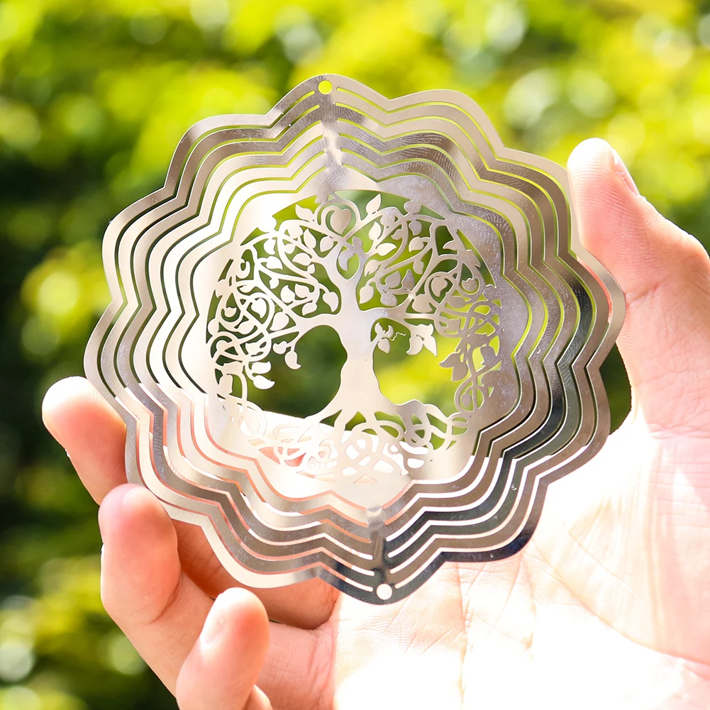 עץ החיים של 3D מסתובב רוח טווה תליון מתכת, פעמוני רוח גן תולה קישוט זורם-אפקט אור עיצוב אסתטי - 3