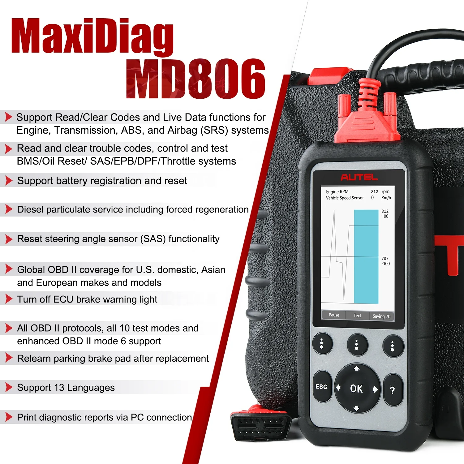 Autel MaxiDiag MD806 Pro סורק OBD2 אבחון הרכב כלי את כל מערכת אוטומטית סורק קוד תקלה הקורא - 4