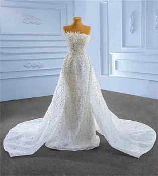 100% תמונה אמיתית בתולת ים שמלות כלה יוקרה פניני קריסטל שמלות כלה עם רכבת להסרה בהזמנה אישית גלימות De Mariée