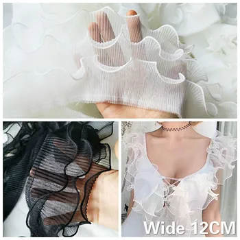 12CM רחב שלוש שכבות לבן שחור אלסטי קפלים לקצץ 3D תחרה קפלים סרט החתונה השמלה פלאפי חצאית DIY תפירה פרינג ' עיצוב