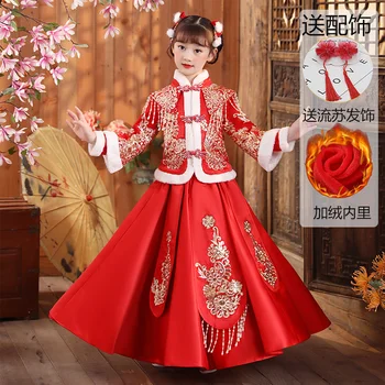 2 צבעים בסגנון סיני לילדים Hanfu השמלה סט משובח אדום ורוד לעבות צמר השנה החדשה הנסיכה שכמייה, חצאית Elegent טאנג חליפה