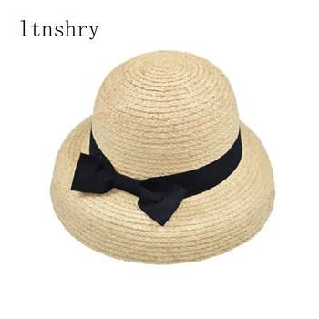 2021 הקיץ קשת סרט כובעי נשים רפיה, קש כובע קיץ חוף השמש כובע ליידי צרפתית רטרו שוליים רחבים, אופנה רפיה נקבה הכובע