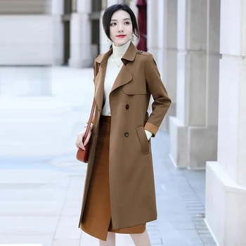 2022 סתיו דק צבע מוצק ארוך מעיל רוח אופנה קוריאנית קלאסיק זוגי עם חזה חגורת נשים מעיל אלגנטי הלבשה עליונה
