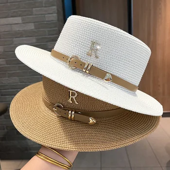 2023 החדש מתכת R מכתב אבזם כובע קש פנאי קיץ קרם הגנה כובע נשים אופנתי חוף כובע משובח כובע הכנסייה כובעים