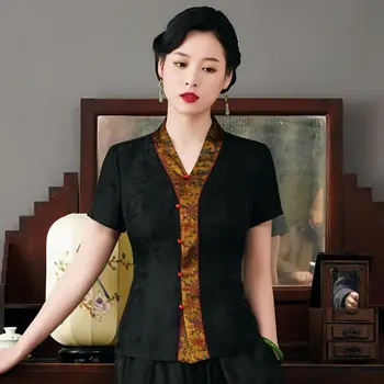 2023 החדש סינית מסורתית וינטג', חולצה קיץ v-צוואר קצר שרוול משופר קרדיגן סיני רטרו tangsuits לנשים