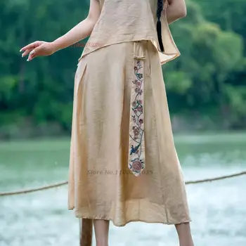 2023 הלאומי harajuku וינטג ' פרח רקום קו החצאית אלסטי המותניים כותנה פשתן חצאית מזרחי אתני חופשי חצאית