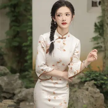 2023 חדש בסגנון סיני סתיו חצי שרוול זמש הדפסה באיכות גבוהה אלגנטי אמצע אורך אופנה סלים שמלה נמוך שסף שיפור צ ' יפאו