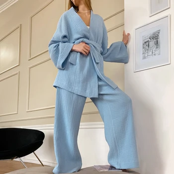 2023 כותנה נשים כתונת הלילה של 2 חתיכות להגדיר טיפה שרוולי החלוק מכנסי חליפות מתנפחות נקבה פיג ' מות הקיץ רחצה עבור אישה 2022