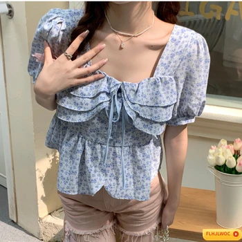 2023 נשים קיץ, שרוול קצר קוריאה יפן אביזרי סגנון בנות שכבת קפלים בבטן Peplum עניבת פרפר חולצות תחרה חולצה כפתור חולצות