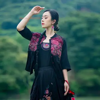 2023 סיני משובח החולצה הלאומי פרח רקמה טאנג חליפה אתני אקארד סאטן טלאים המעיל מזרחי רטרו החולצה