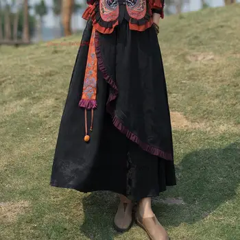 2023 סינית מסורתית אישה קו חצאית פרח רקמה בציר ציצית סאטן harajuku נשים מהמזרח הלאומי החצאית הארוכה