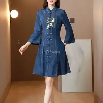 2023 סתיו סיני חדש בציר רקמה שיפור cheongsam סגנון ג ' ינס, שמלה נשית התלקח השרוול קו a-שמלה קצרה g1007