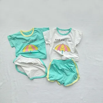 2023 קיץ, תינוק חדש שרוול קצר בגדי סטים מטריה הדפסה יתדות + מכנסי תינוק 2pcs חליפה בנים בנות צבע התאמת תלבושות