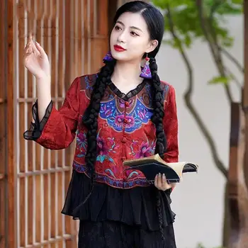 2023 רקמה בסגנון סיני הקיץ טאנג חליפה העליון רטרו בסגנון אתני דיסק אבזם נשים שרוול ארוך אלגנטי יומי החולצה s104