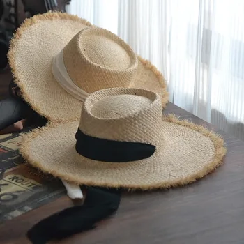 202302-hongshen dropshipping beadh בעבודת יד רפיה דשא חופשת קיץ רחב שוליים הסרט גברת שמש כובע אישה פנאי הכובע