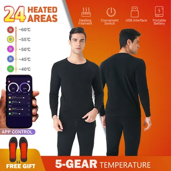 24 אזור מחומם מעיל חימום תרמי בחורף תחתונים, חליפה הטלפון החכם APP בקרת טמפרטורה USB מופעל באמצעות סוללה
