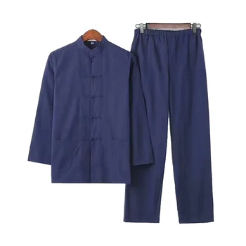 2PC גברים מוצק קונג פו החליפה סינית מסורתית זכר 100% כותנה רופף וו שו טאי צ 'י מגדיר את הז' קט+מכנסיים ארוכים