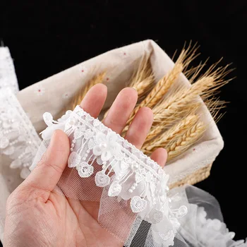 3D פרחים עם פנינים רקמת תחרה לקצץ תפירה מלאכת DIY Handwork חומר