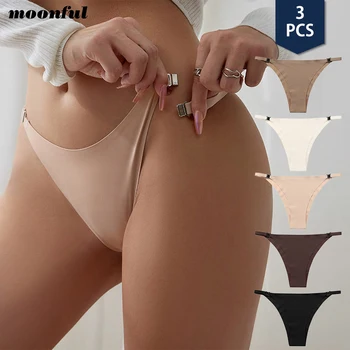 3PCS חלקה תחתונים לנשים מותן נמוכה קצרים תחתוני משי עם אבזם דק סקסי ביקיני לבני נשים בחורה Underpant