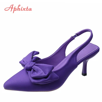 Aphixta 7 סנטימטר דק עקבים נשים סנדלים מחודד בוהן סגולה משי פרפר-קשר נשים מודרניות שקופיות נעלי בתוספת גודל 42