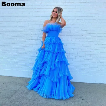 Booma כחול קו שמלות לנשף סטרפלס קפלים אורגנזה שכבתית ערב שמלות ערב לנשים סיום החלוק soireé פאטאל
