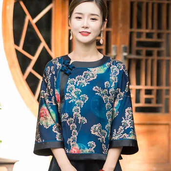 Cheongsam לנשים בתוספת גודל צמרות 2023 קיץ משי אמיתי טביעות החדרת O-צוואר מסורת סינית בסגנון רזה צ ' יפאו חולצות אישה
