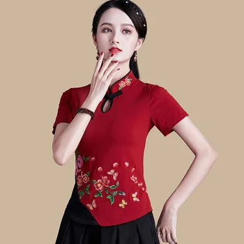 Cheongsam לנשים בתוספת גודל צמרות 2023 כותנה בד רקמה החדרת לעמוד צווארון שרוול קצר בסגנון סיני צ ' יפאו חולצות