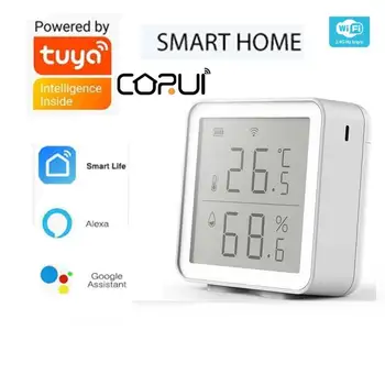 CORUI Tuya חכם WiFi בבית טמפרטורה ולחות חיישן דיגיטלי עם תצוגת LCD לעבוד עם Google הביתה אלקסה חכם החיים App