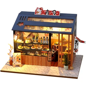 DIY בית בובות מעץ לבית בובות התאספו סושי קינוח חנות בית בובות מיניאטורי רהיטים ערכת Casa Led צעצועים בשביל מתנת יום הולדת.