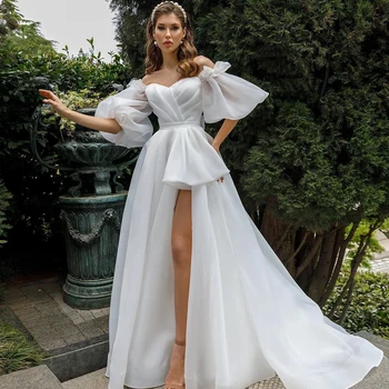 Eightree לבן קו שמלות כלה מתוקה פאף שרוול שמלת רכבת לטאטא גבוהה פיצול חתונה ערב שמלות לנשף גודל מותאם אישית