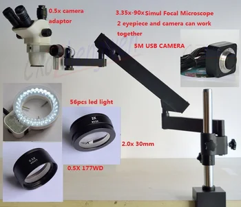 FYSCOPE 3.35 X-90X סטריאו זום SIMUL מוקד מיקרוסקופ +מעמד מתכוונן עם היד עמוד מלחציים מיקרוסקופים+5MP מצלמה