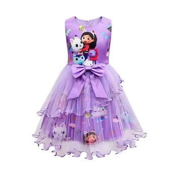 Gabbys הבובות תחפושת ילדה שמלת תחרה אופנה הילד הקשת הדפס נסיכה השמלה ילדים טוניקה בגדים