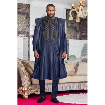 H&D אפריקה חליפה לגברים חולצה מכנסיים 3 יח ' סט עשיר Bazin רקמה החלוק בגדים הספר למורשת אפריקאית מסורתית בגדי ערב החתונה.