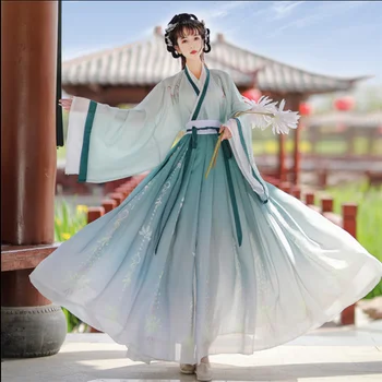 Hanfu נשים סינית מסורתית רקמה הבמה שמלת ריקוד נשי פיית תחפושות קוספליי Hanfu כחול שיפוע&ירוק עבור נשים