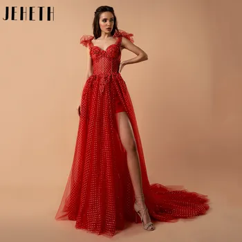 JEHETH נקודות אדומות טול שמלות לנשף חרך פרחוני אפליקציות שמלות ערב מתכוונן רצועות צד 2022 גלימות דה לנשף