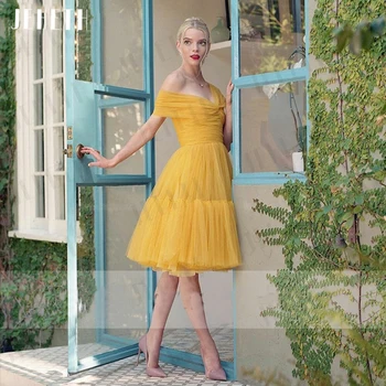 JEHETH פסטורלי שמלות לנשף צהובות אלגנטי מחוץ כתף ערב עם קפלים מסיבת שמלה ללא משענת באורך הברך Vestidos דה Graduación