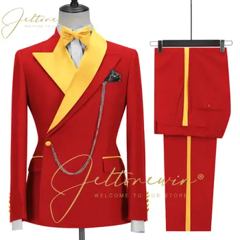JELTONEWIN תחפושת Homme אדום חליפות גברים כפול עם חזה בהתאמה אישית לחתן חליפות 2 חלקים החתונה השושבין בלייזר מכנסיים שרשרת