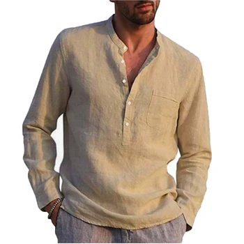 JRJZ חם מכירה 2023 אופנה כותנה פשתן ארוך שרוולים חולצת גברים קיץ מוצק צבע בעמידה צווארון החוף מזדמנים בסגנון בתוספת גודל