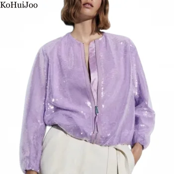 Kohuijoo סתיו 2023 חדש הגברות המצוירות ' קט קצר רופף פאייטים מעילים לעמוד צווארון שרוול ארוך לנשים המחבל מעילי כיס