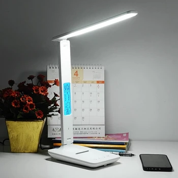 LED טעינה אלחוטית מנורת שולחן עם לוח שנה טמפרטורה שעון מעורר הגנה העין מנורת הקריאה קיפול אור מנורת שולחן