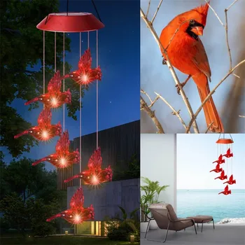 LED סולארית פעמון הרוח הבדולח ציפור אדום פעמון הרוח אור שינוי צבע עמיד למים תלוי אור השמש על הבית החצר הגינה