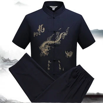 M-3XL 10Colors גברים רקום סיני Hanfu חולצה מכנסיים החליפה המסורתית מסיבת קונג פו תחפושת מקסימום