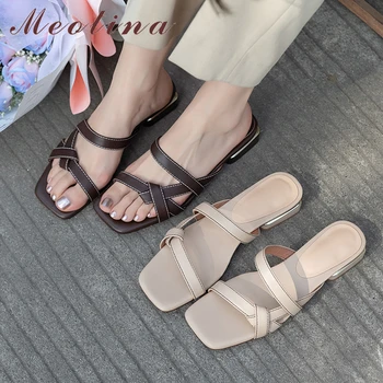 Meotina נשים עור אמיתי שקופיות בוהן מרובע חסום נמוך עקבים סנדלים צר נעלי נשים תמציתי נעלי קיץ 40