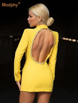 Modphy אופנה צהוב סקסי יהלום ללא משענת עיצוב בלייזרים לנשים סלים רב מעילי 2023 משרד חדש גבירותיי הלבשה עליונה