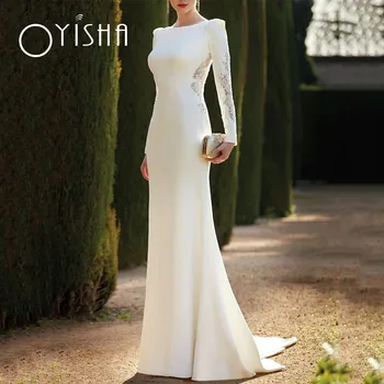 OYISHA אלגנטי ללא משענת בתולת ים שמלות כלה רכבת לטאטא שרוול ארוך תכשיט צוואר לבן סאטן למתוח בד 2023 שמלת כלה.