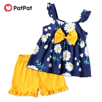 PatPat 2 חלקים ילד ילדה פרחוני הדפסה Bowknot עיצוב פיג ' ופרע המכנסיים הצהובים להגדיר