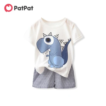 PatPat 2pcs תינוק קריקטורה דינוזאור הדפסה קצרות-שרוול החולצה. עם פסים קצרים להגדיר